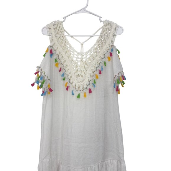 Ten Design White Crochet Tassel Coverup Dress SZ S Colorful Fringe Semi Sheer - Picture 12 of 12